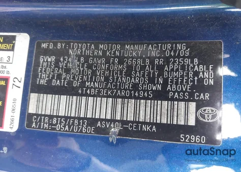 2010 Toyota Camry Le z USA, uszkodzony, nr VIN 4T4BF3EK7AR014945